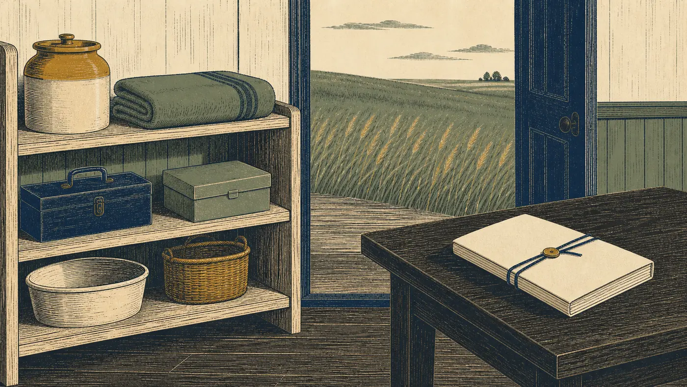 An open household shelf holds practical reserve supplies while a closed blank contract folio remains separate on another table.