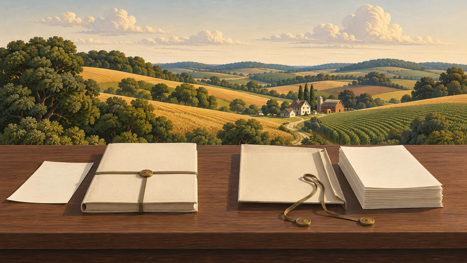 Two cream contract folios: one remains bound beside a single removed sheet; the other is untied beside its complete stack of pages.