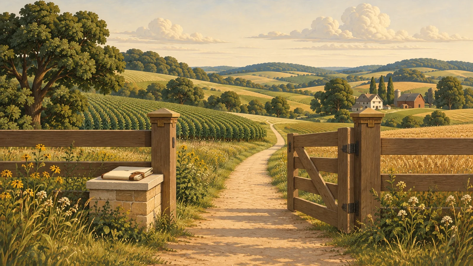 A level path passes through a plain open wooden gate, with a cream contract folio beside the near post and the same level path beyond.