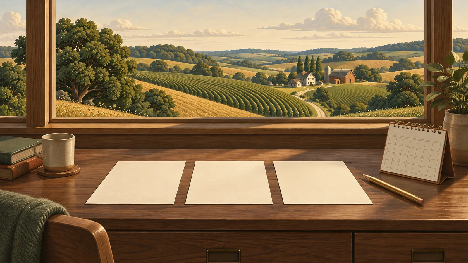 Three equal quote sheets and an unnumbered desk calendar sit beside a window overlooking rhythmic rows of prairie fields.