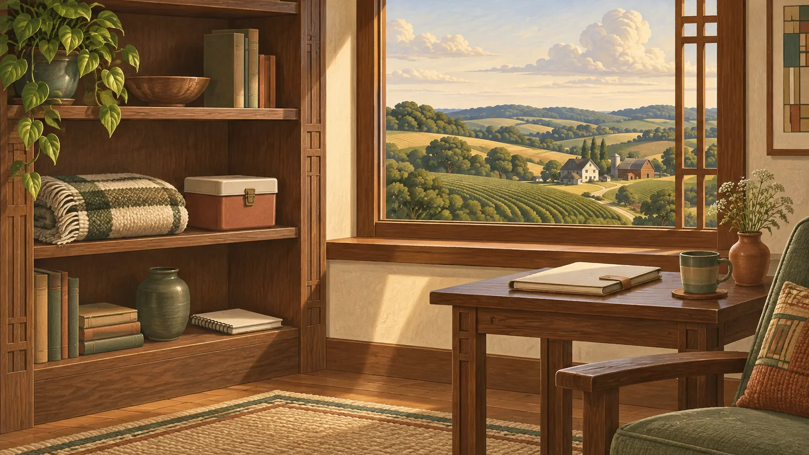 An open walnut shelf holds household supplies while a closed cream contract folio rests on a separate table near a prairie-facing window.