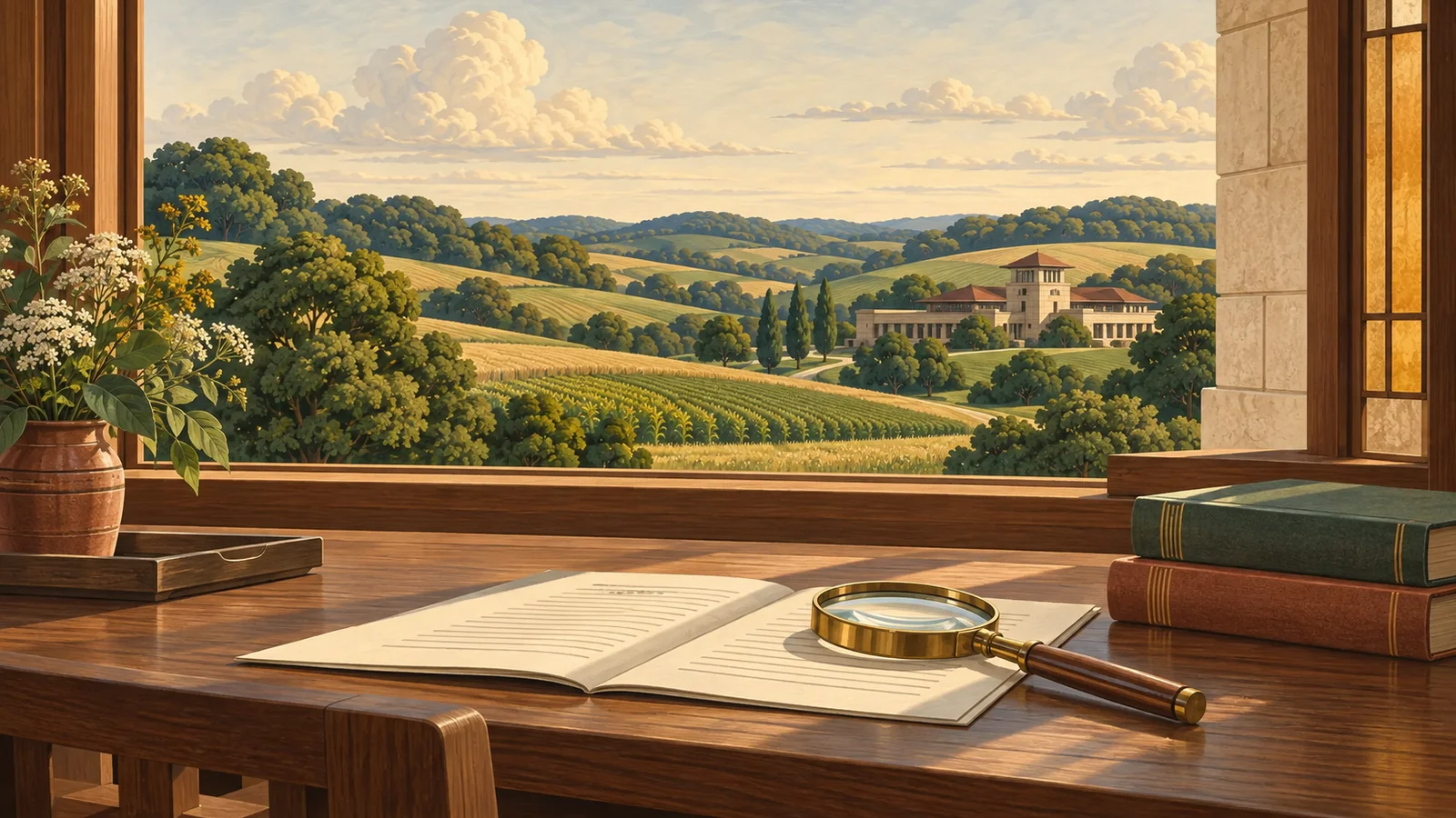An open contract, magnifying lens and reference books beside a Prairie-style window overlooking green hills and a distant unbranded building.