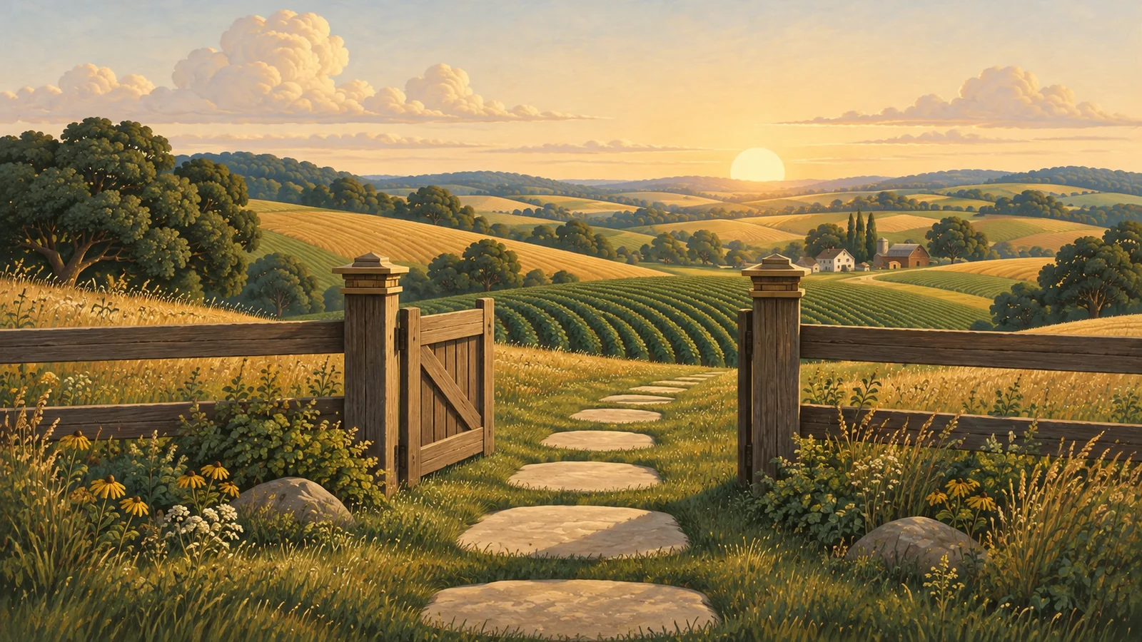 Evenly spaced stepping stones pass through an open wooden gate in a continuous fence line toward a low sun over rolling fields.