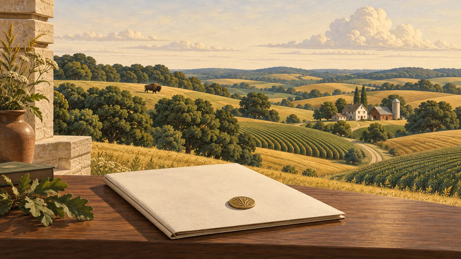 A cream contract folio on a walnut ledge overlooks rolling prairie fields, rounded trees and a bison on a distant ridge.