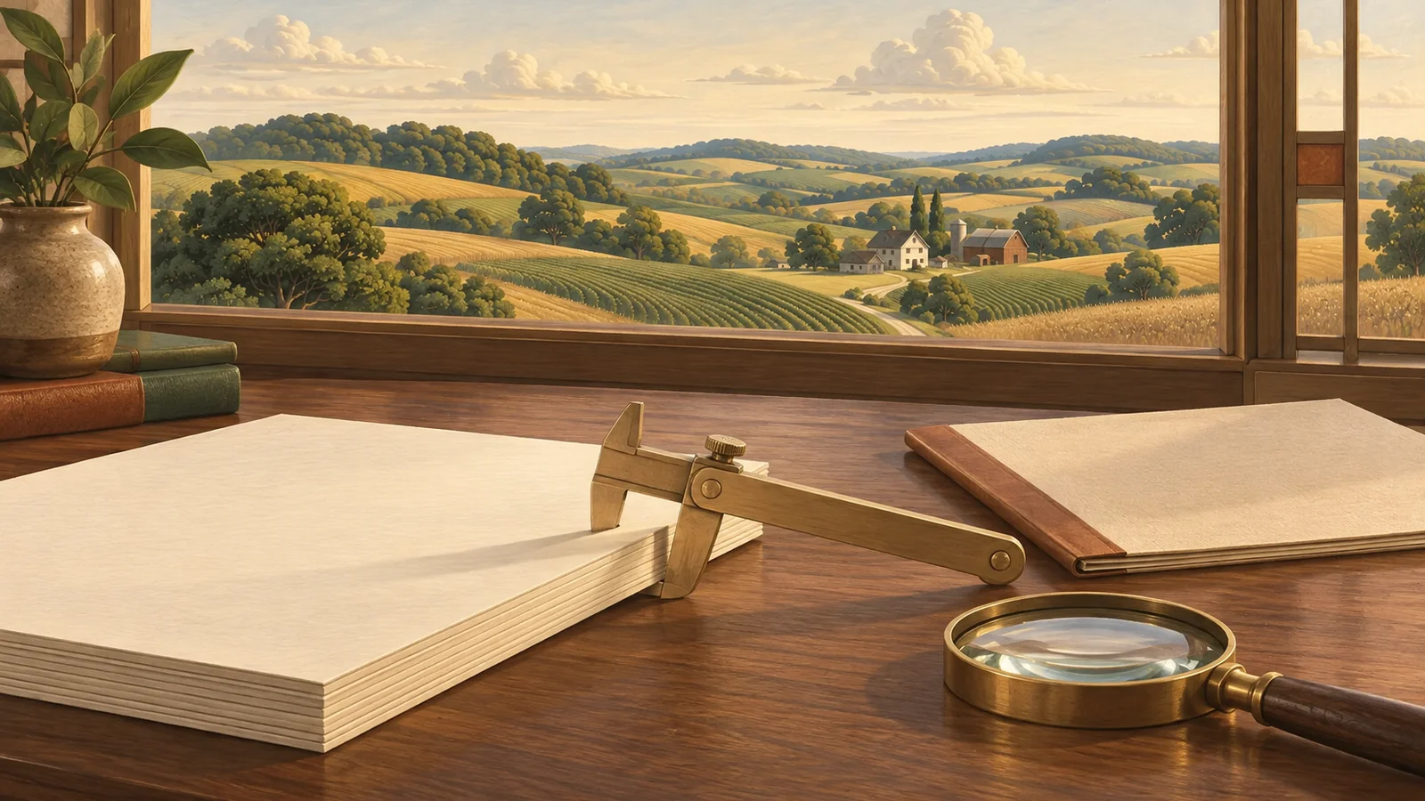 Brass calipers measure a cream contract beside a separate disclosure folio and magnifying lens on a walnut desk.